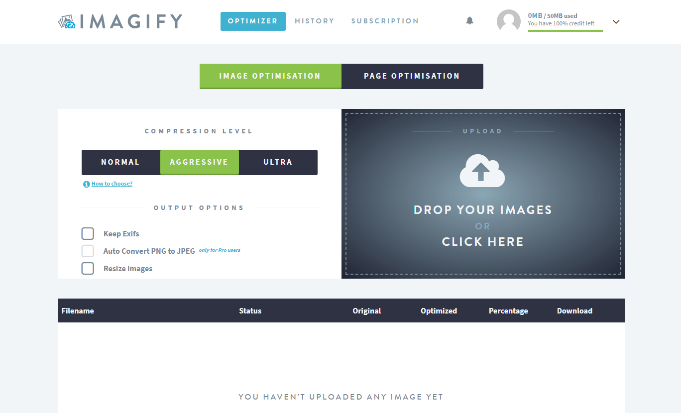 The Imagify account dashboard.
