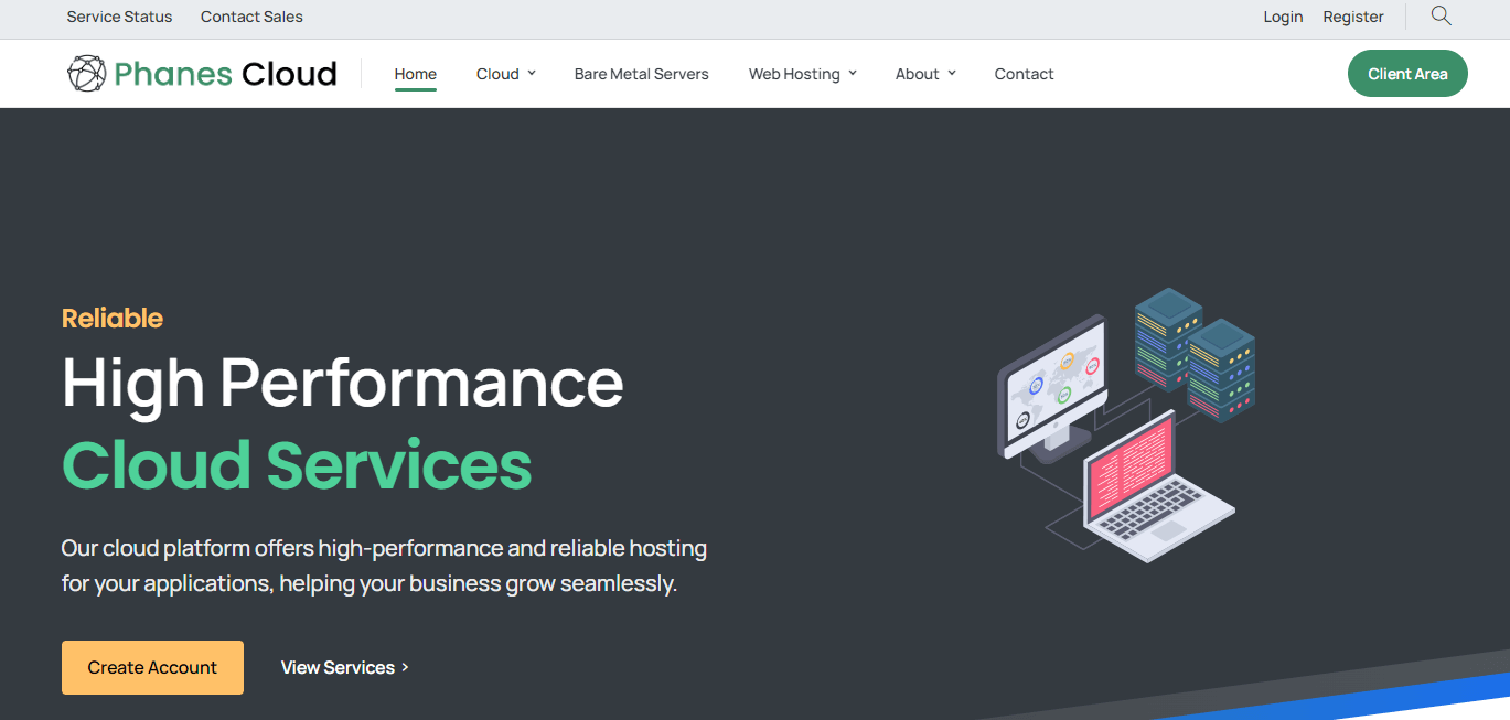 Offshore web hosting: Phanes Cloud homepage.