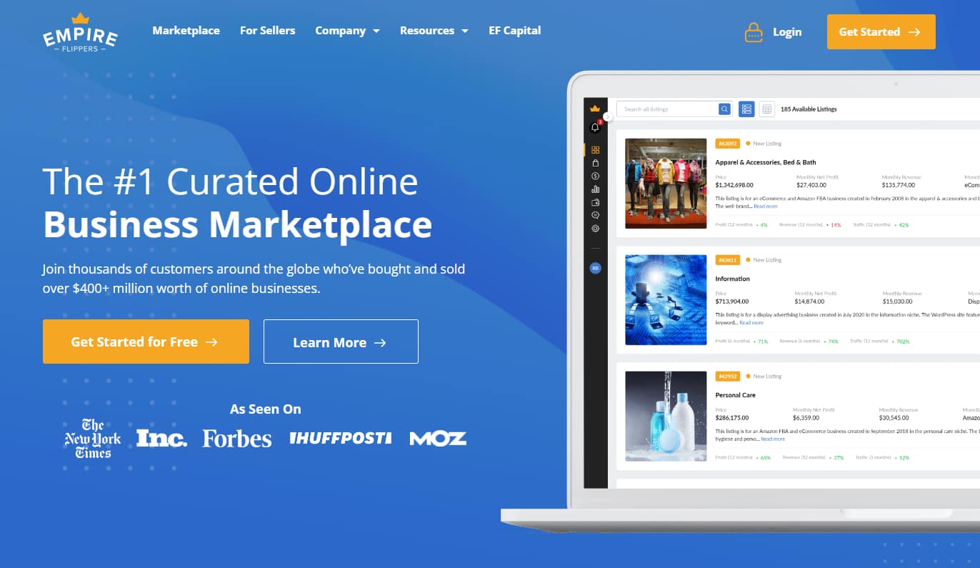 Empire Flippers shows updated listings of websites for sale and is considered one of the best website brokers on the market.