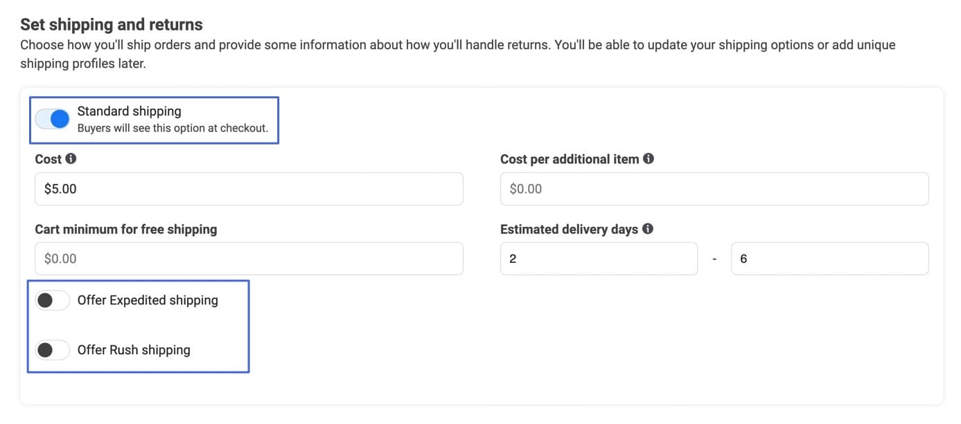 set shipping and returns