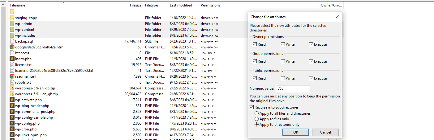 Apply permission settings to subdirectories.