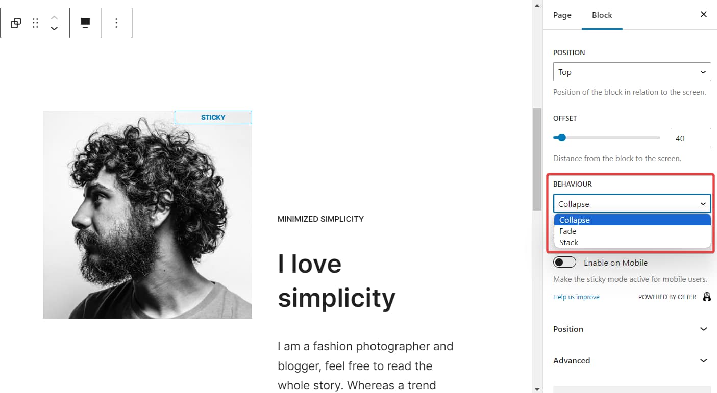 otter blocks sticky block behavior - sticky block in Gutenberg.