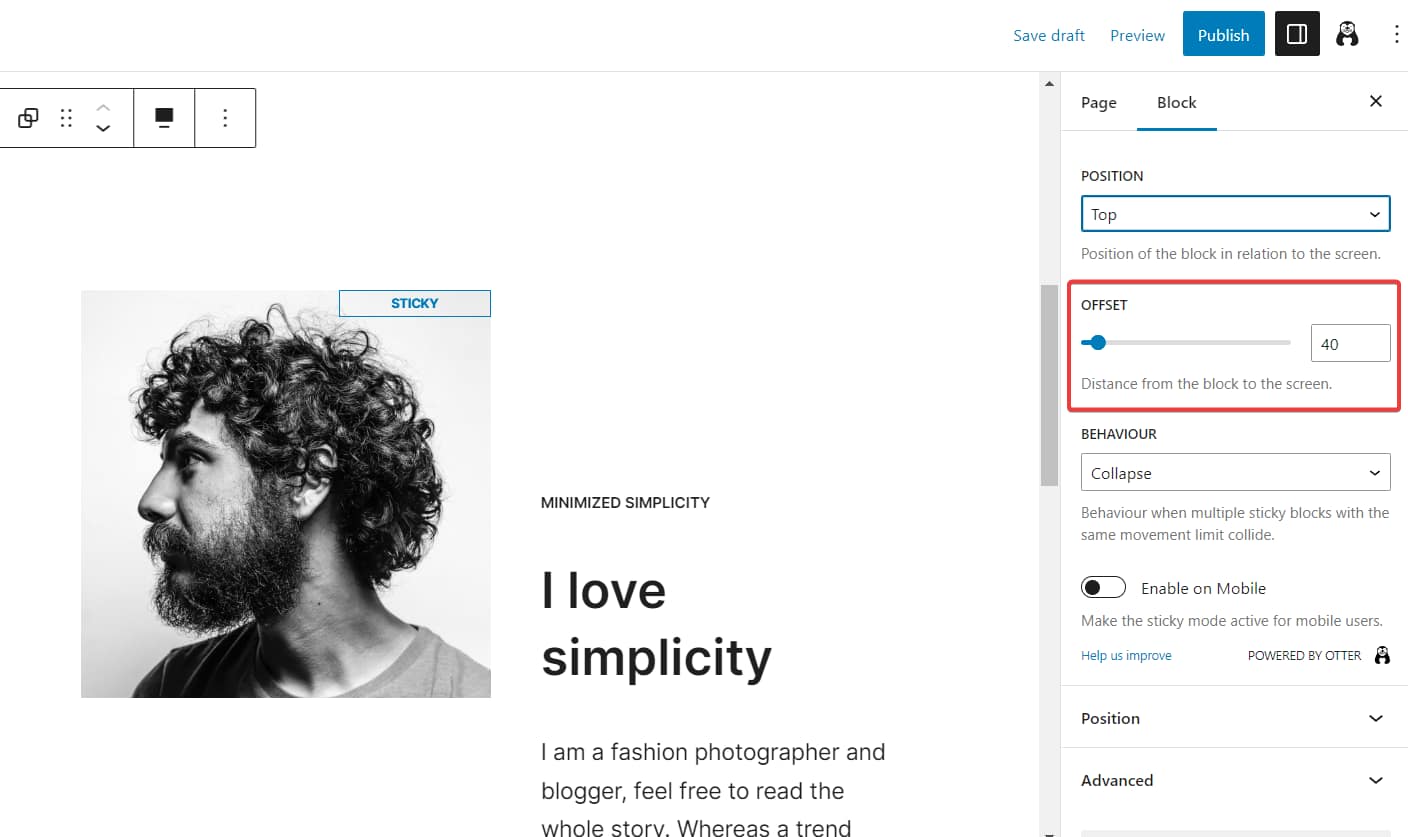 offset otter block - sticky block in Gutenberg.