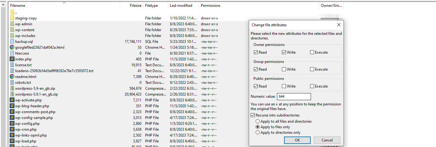 WordPress file permissions.