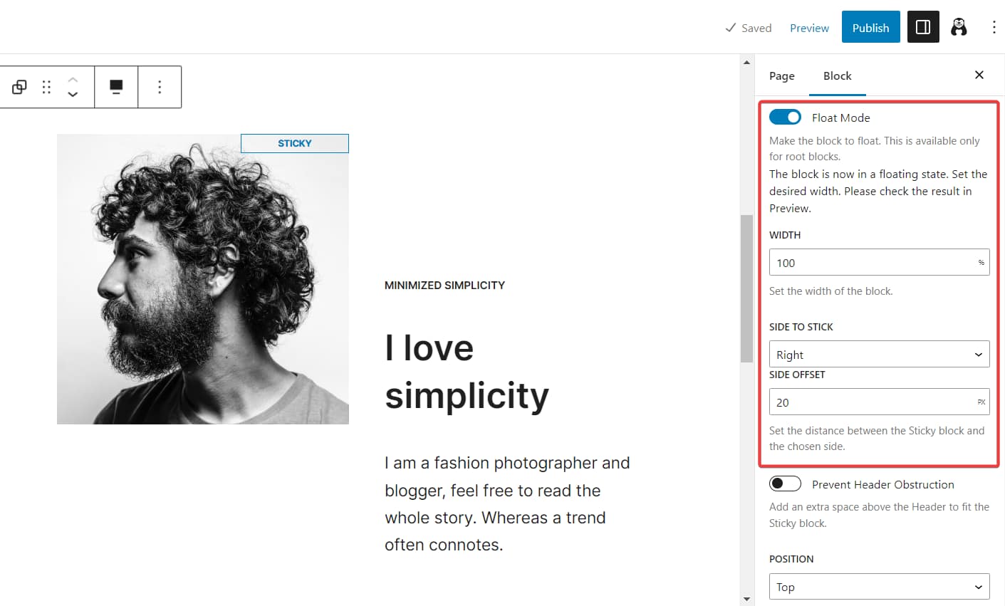 float mode in otter block - sticky block in Gutenberg.