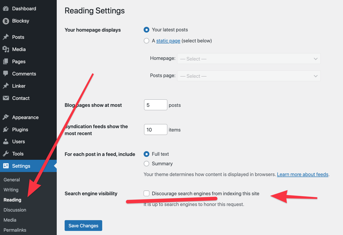 Settings - Reading - SEO