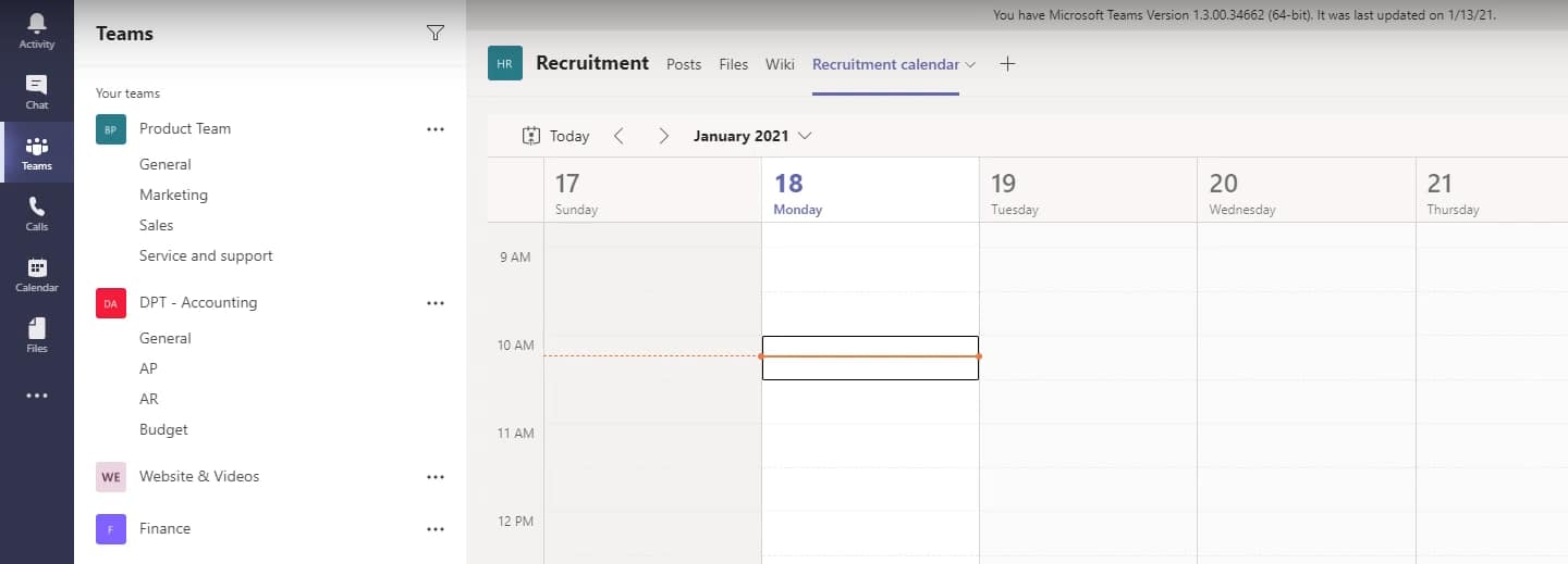 An example of a Teams calendar