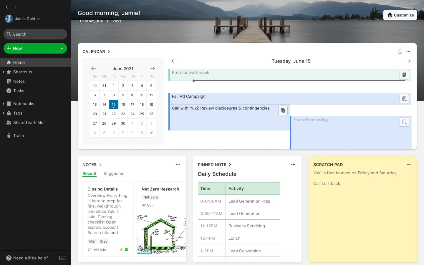 Evernote vs Notion: Evernote home dashboard example