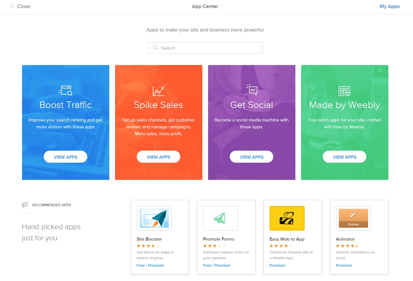 Navigating through the different Weebly available Apps.