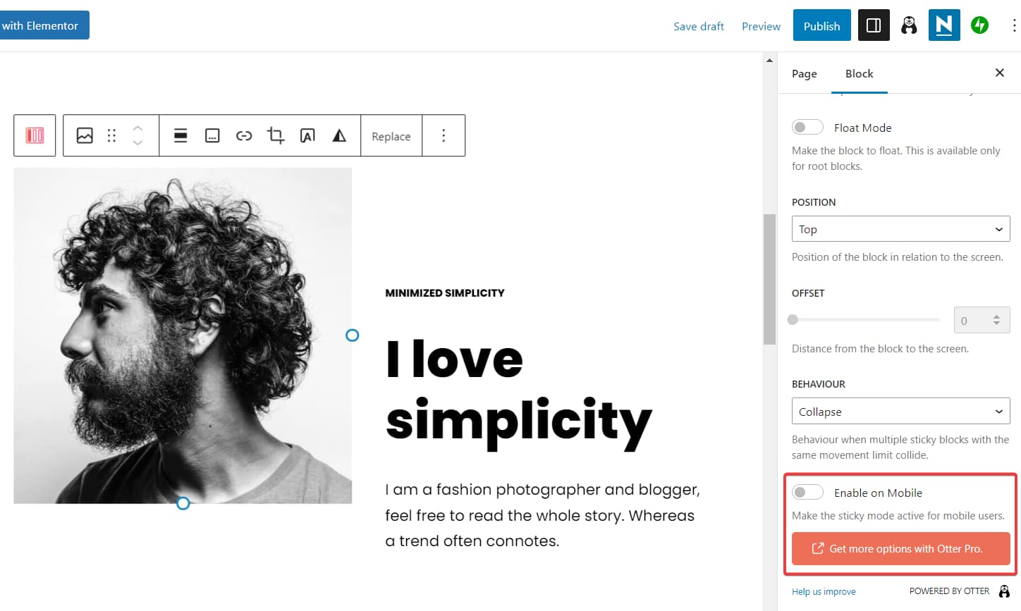 enable on mobile otter block - sticky block in Gutenberg.