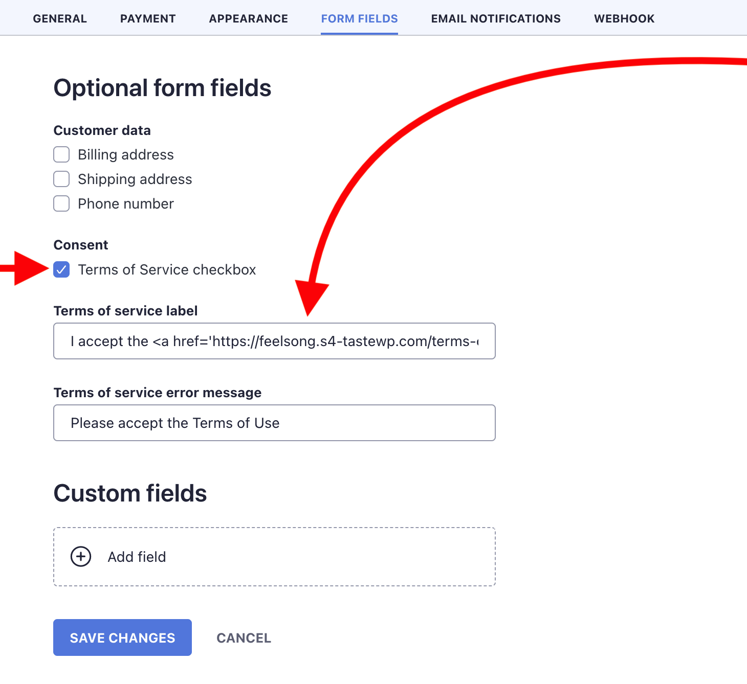 Adding a terms of service checkbox to donation form.