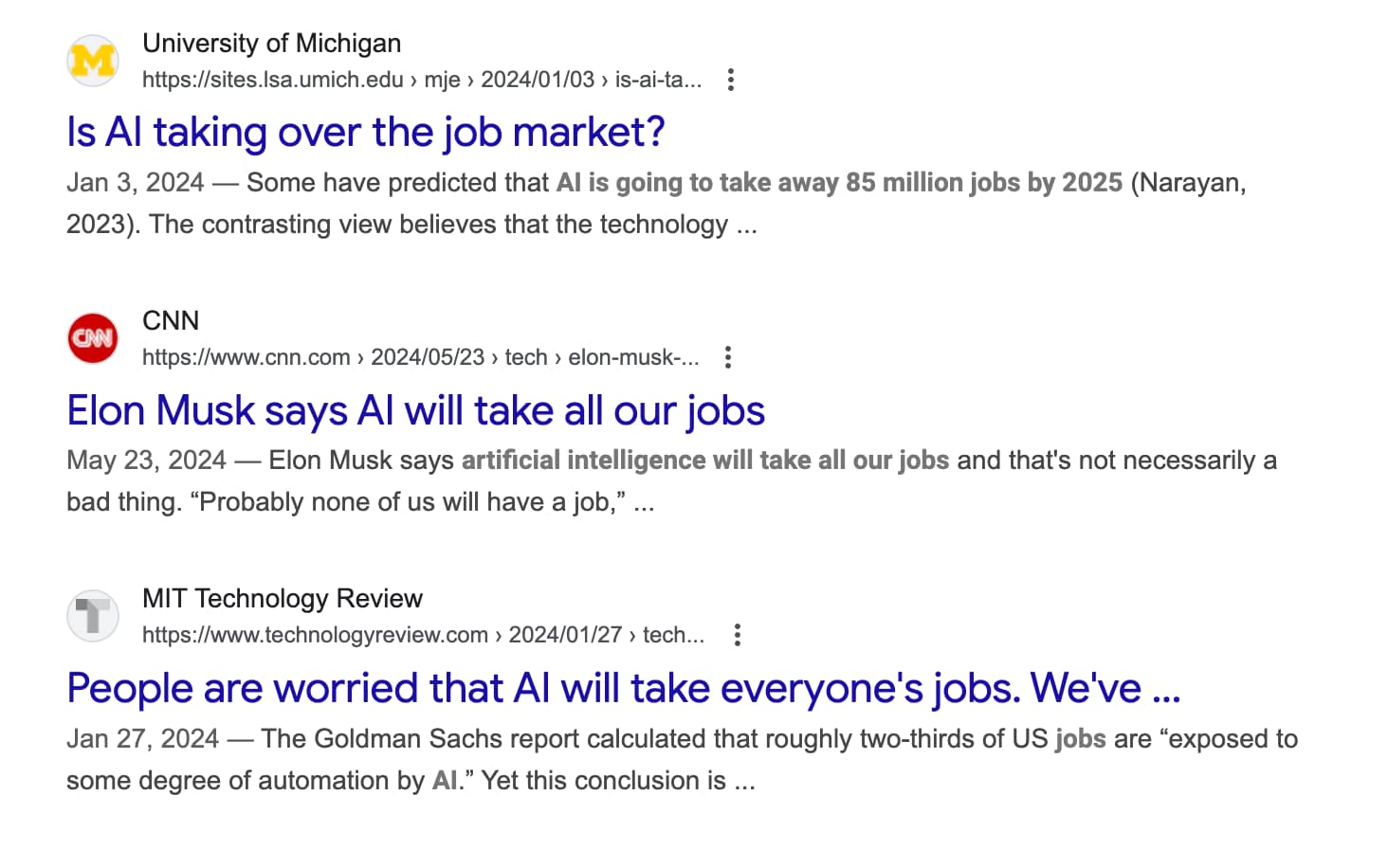 Google search results about AI taking over jobs.