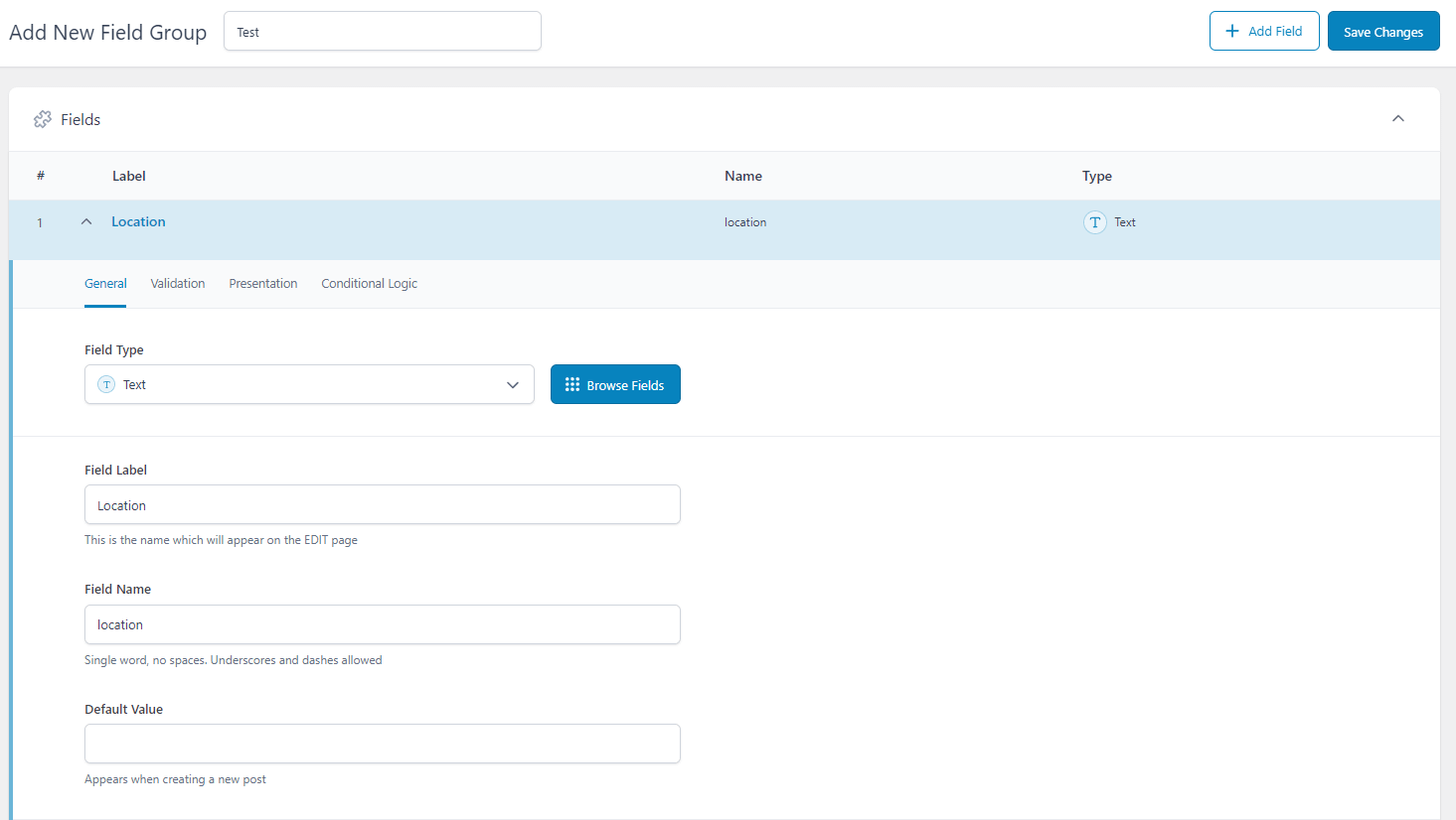WordPress dynamic content: field group creation in Advanced Custom Fields.