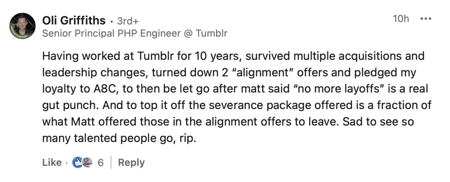 Automattic Lays Off 281 People Across 90 Countries: The Web Reacts 2 Oli Griffiths Senior Principal PHP Engineer at Tumblr reacting to being laid off by Automattic.