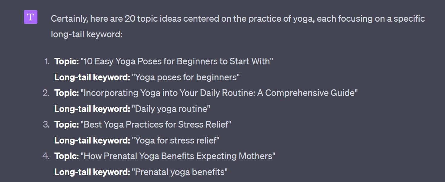 Example of how to do keyword research with ChatGPT by asking it generate long-tail keywords.