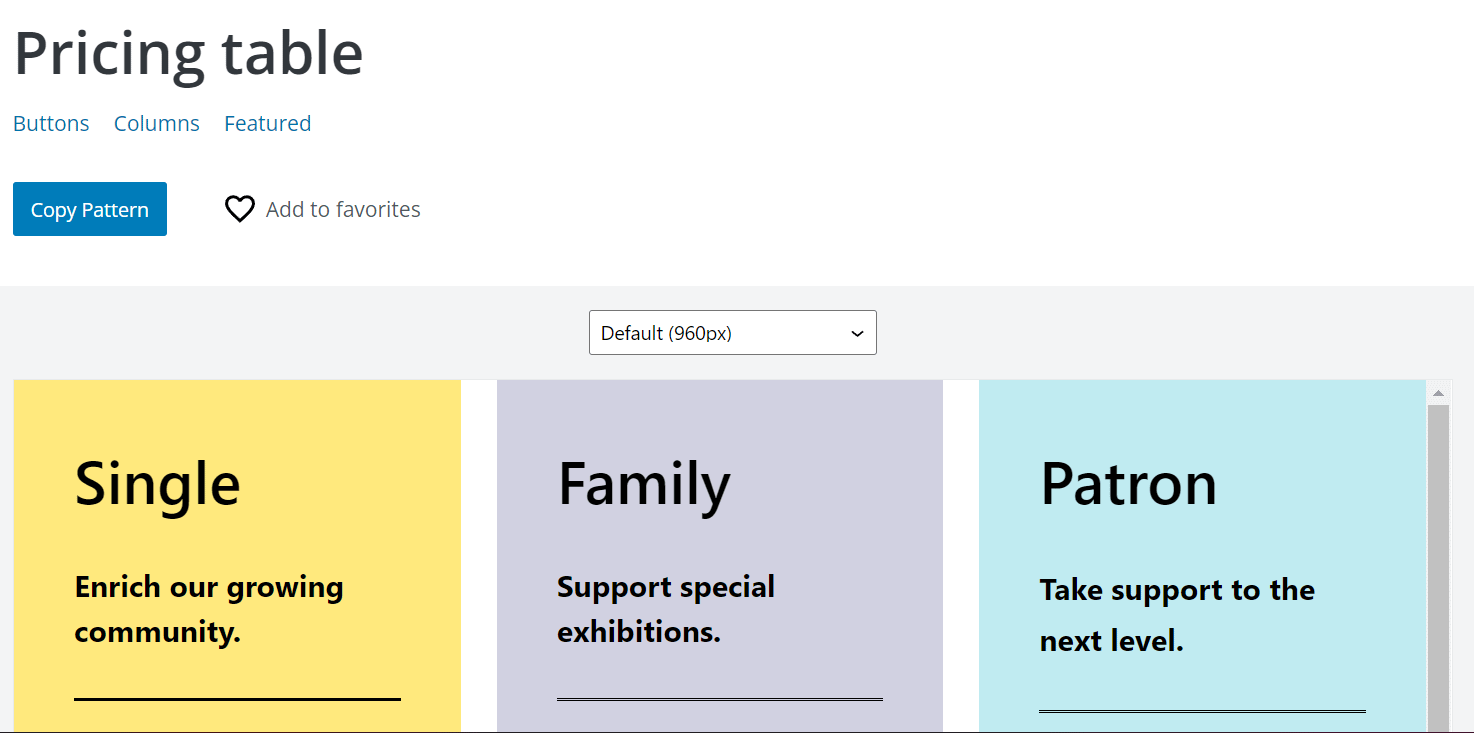 The pricing table block pattern