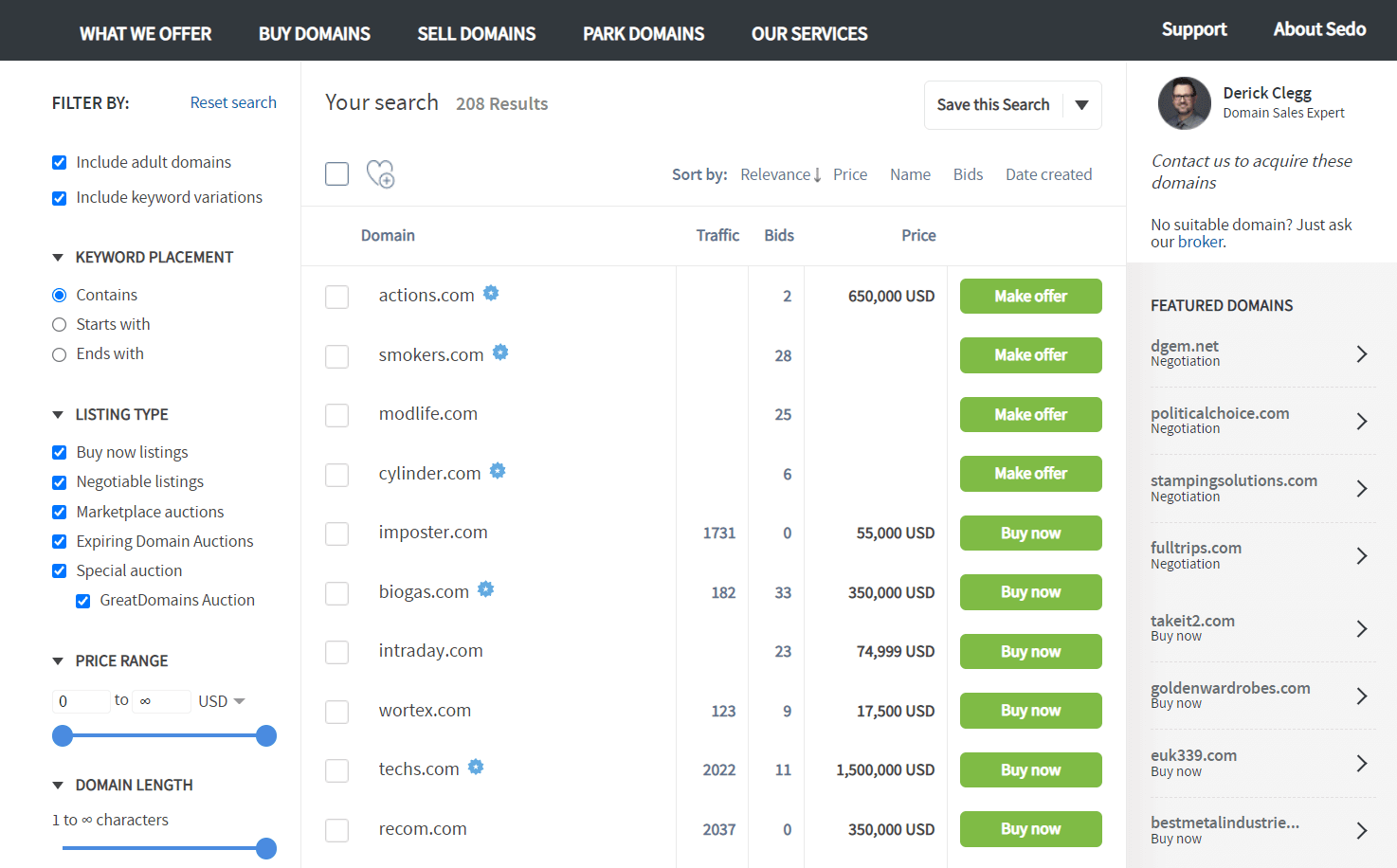 An example of the intuitive Sedo domain selling interface.