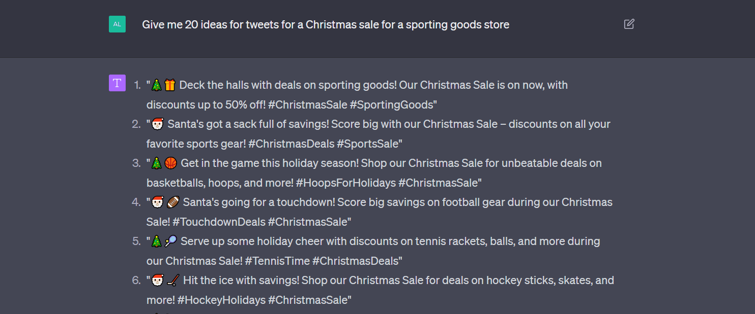 Social media post ideas from ChatGPT.