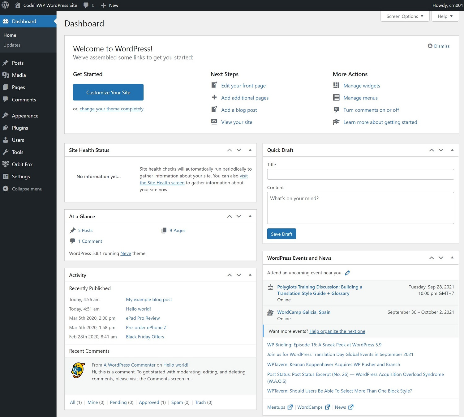 The WordPress dashboard