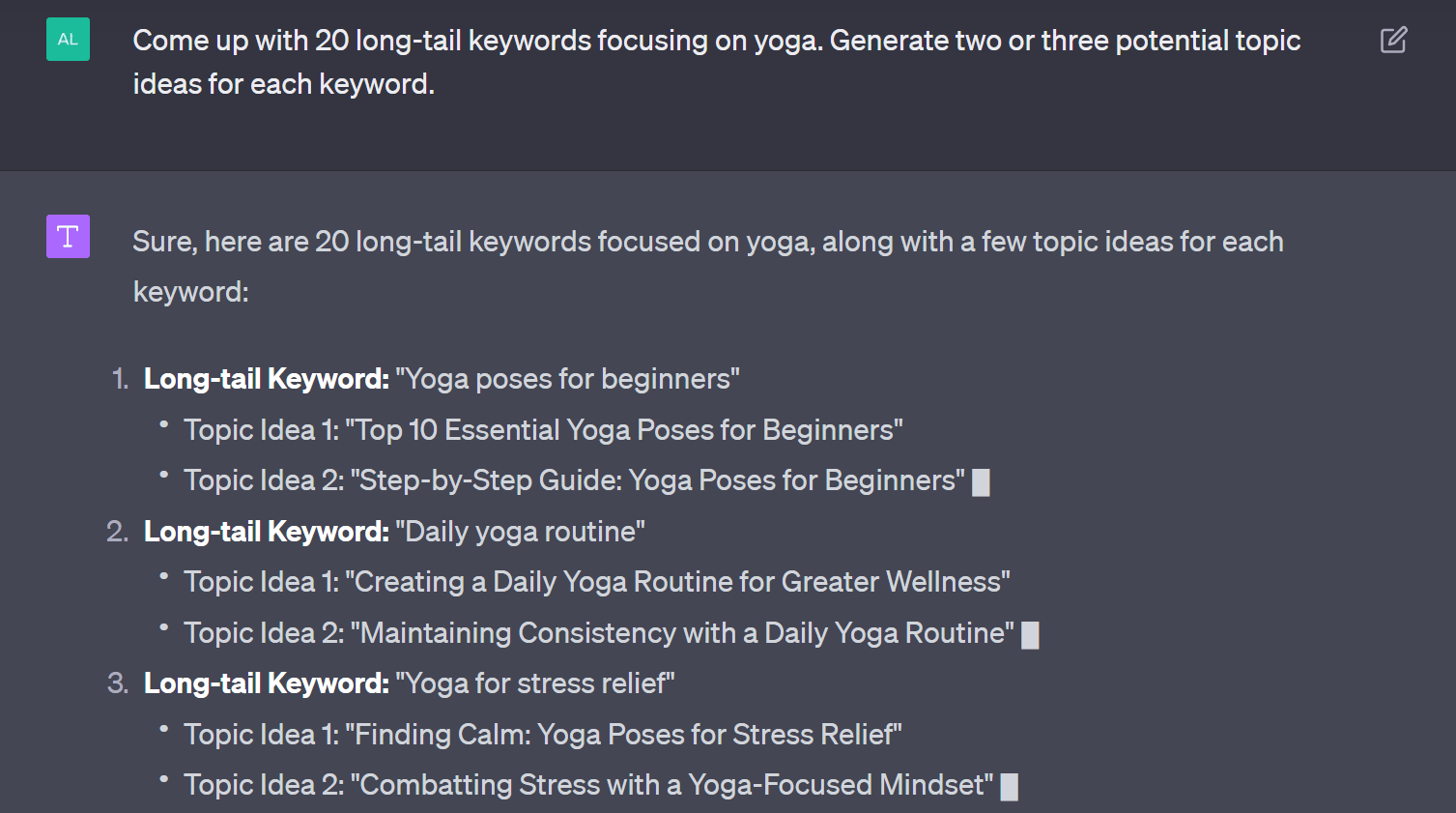 Example of how to do keyword research with ChatGPT by asking it for long-tail keyword and topic ideas.