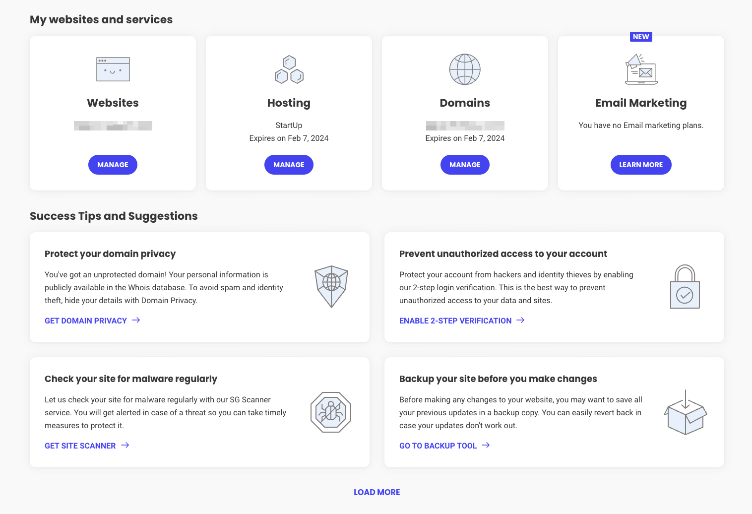SiteGround review: the dashboard.