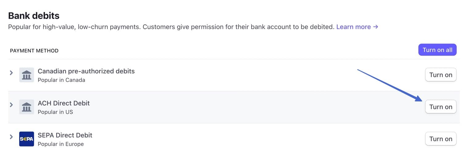 turn on to accept ACH payments
