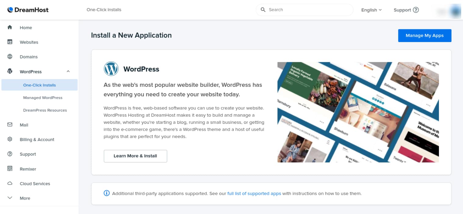 The DreamHost dashboard.