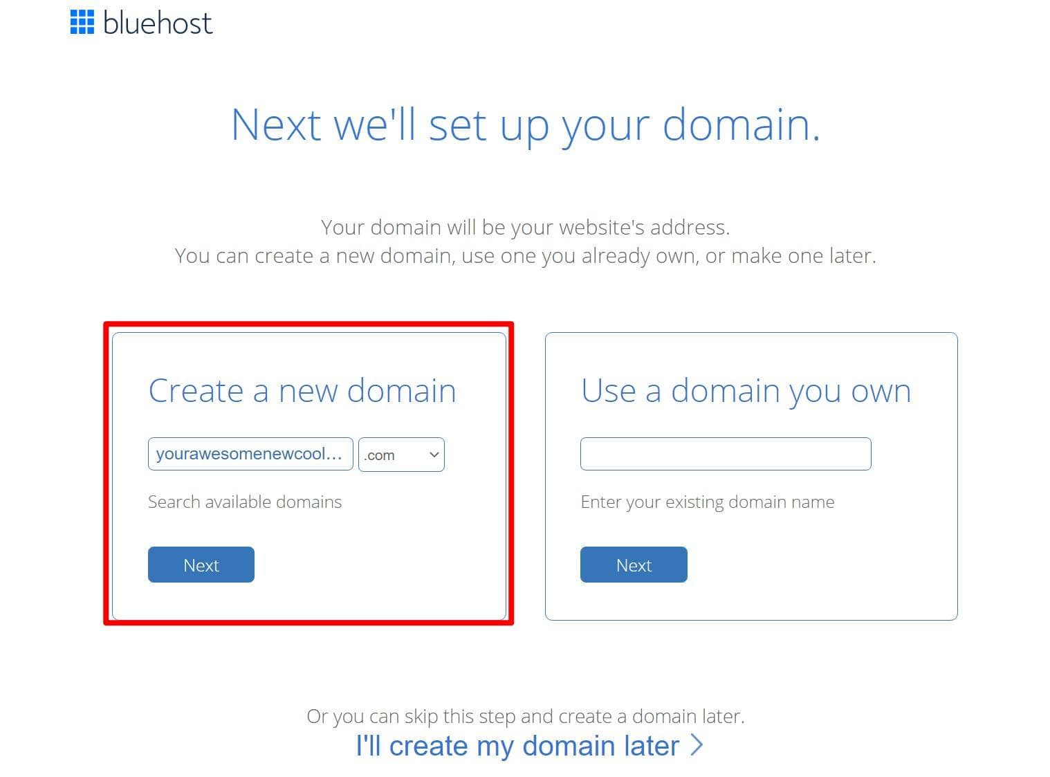 Choose free domain name from Bluehost