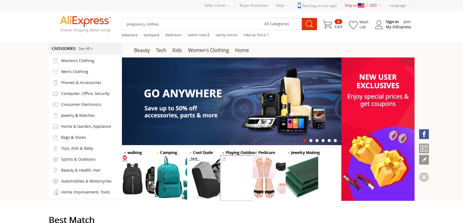 Screenshot of AliExpress' homepage