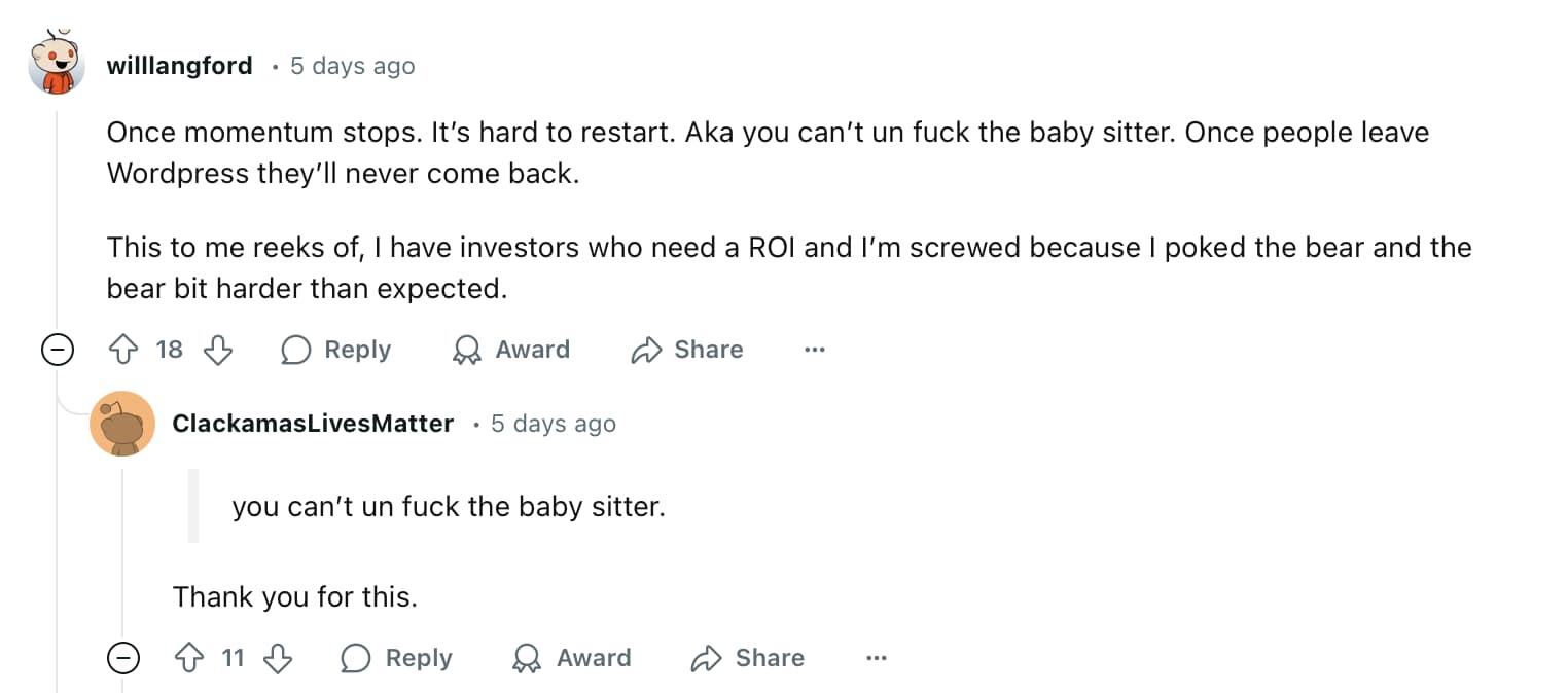 Humorous Reddit comment about how the reduction in Automattic's contributor hours is going to stifle development.