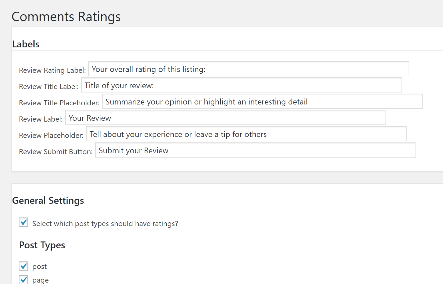 Best WordPress review plugins #6: Comment Ratings settings