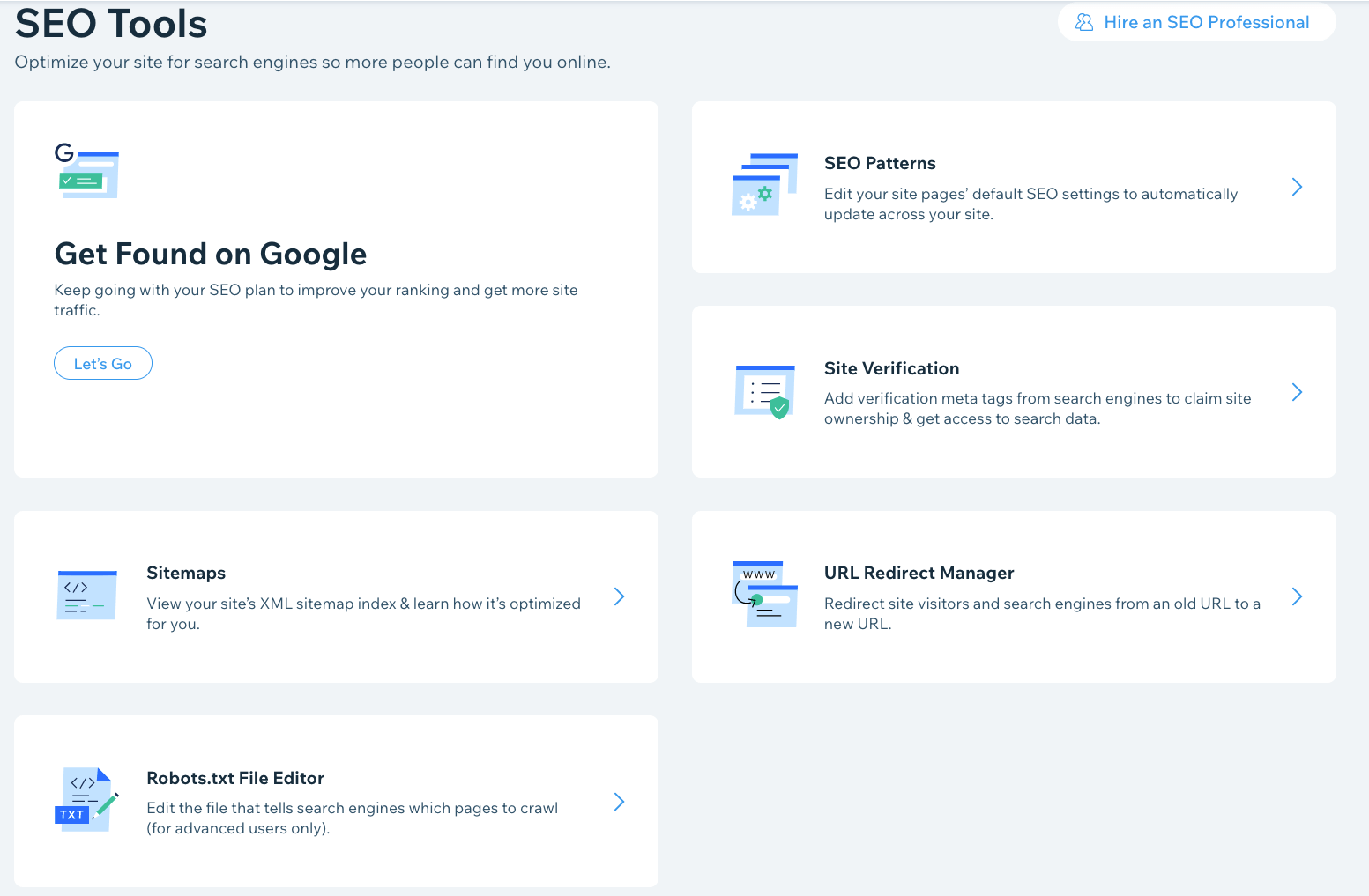 Wix SEO options page