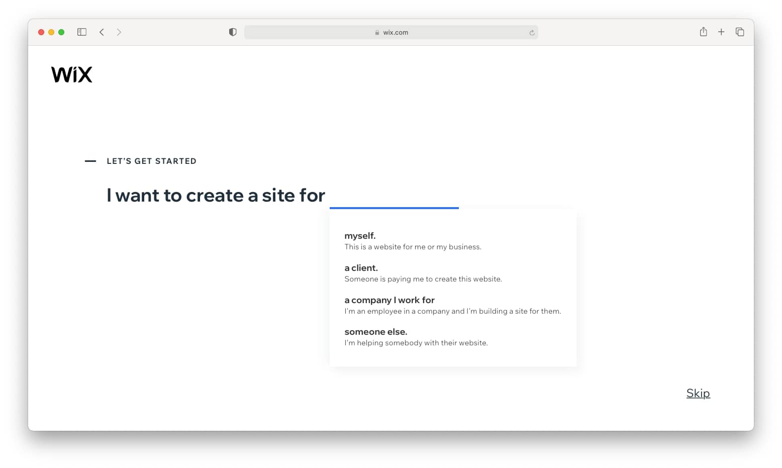 Wix has a lot of questions to help you get started