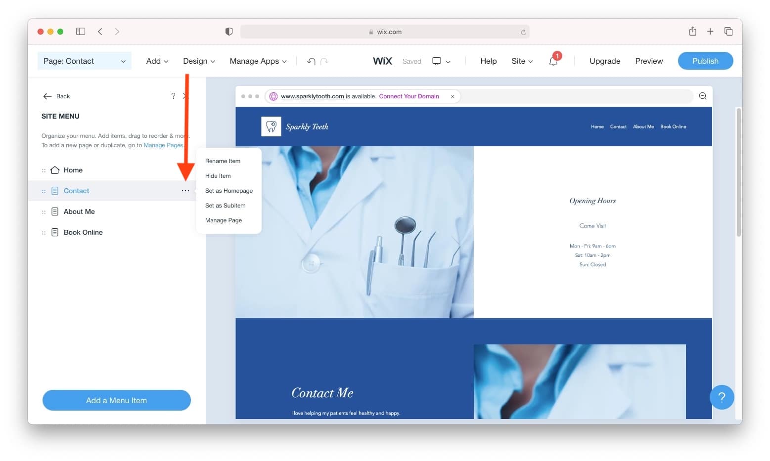 editing menus with Wix