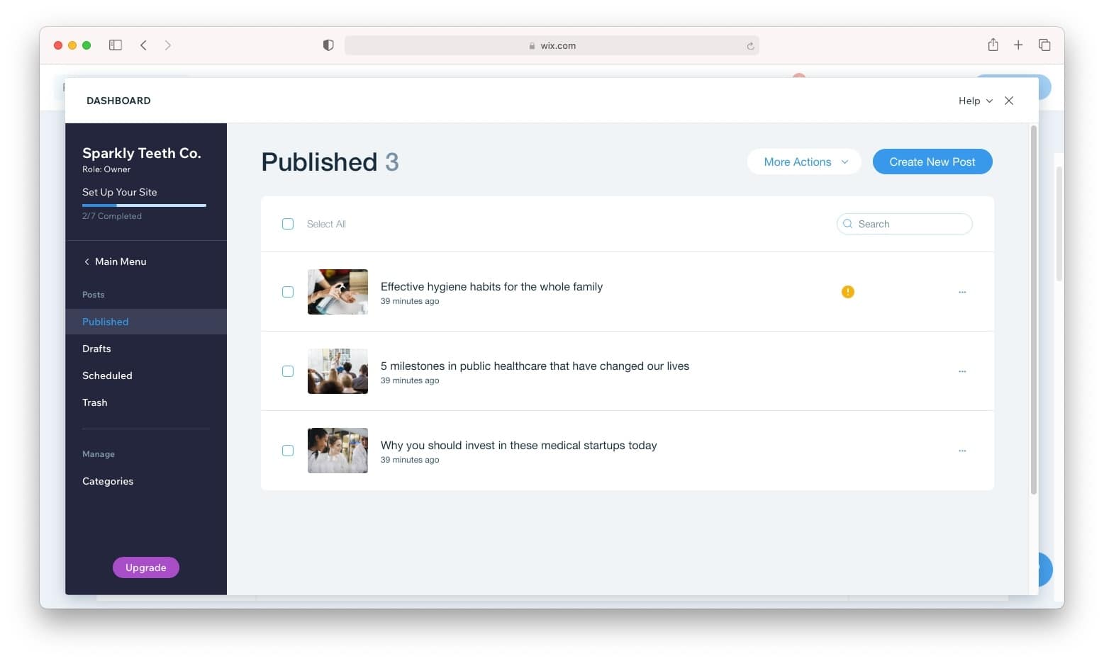 The Wix blog management dashboard