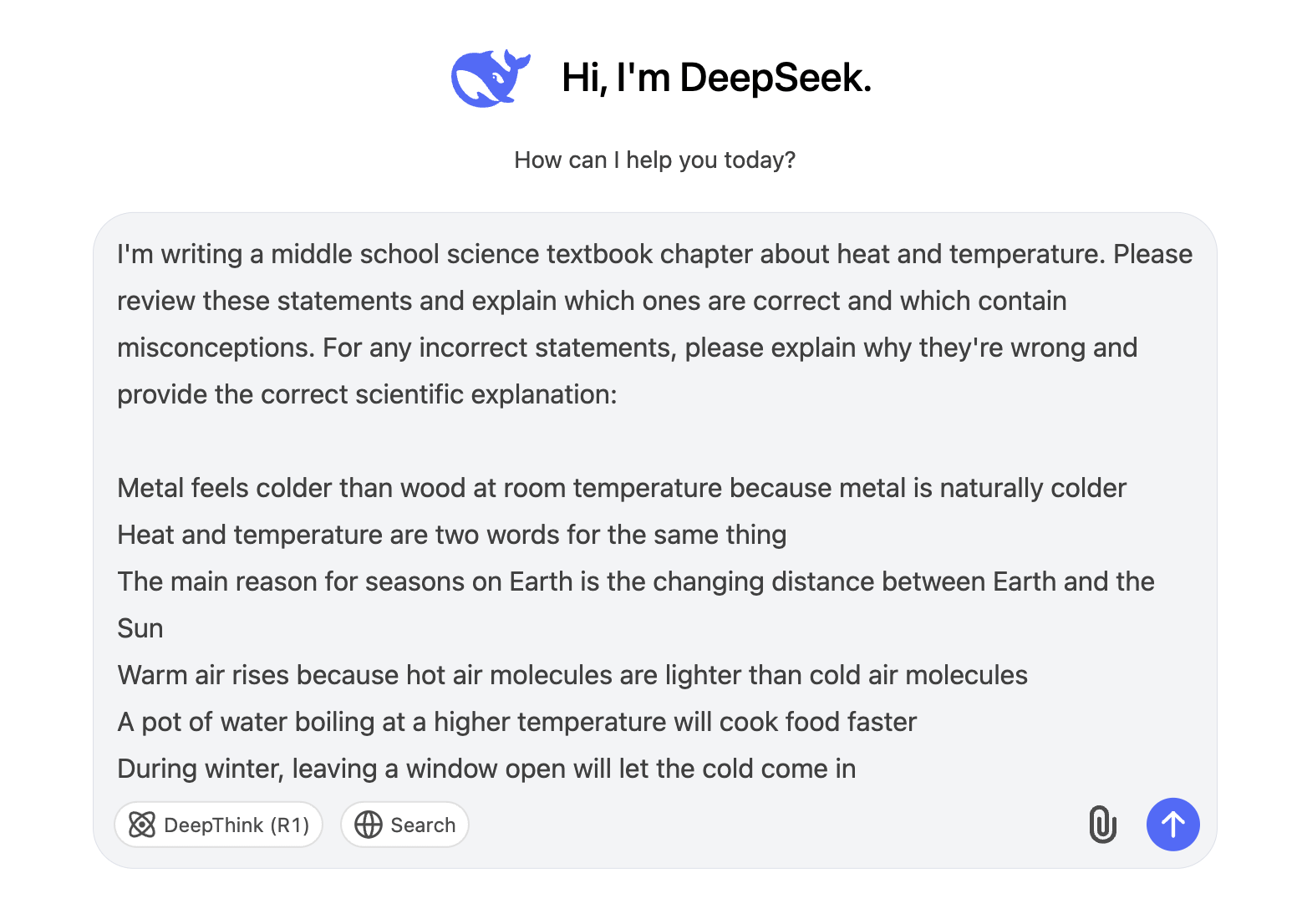 Giving DeepSeek a prompt about science.