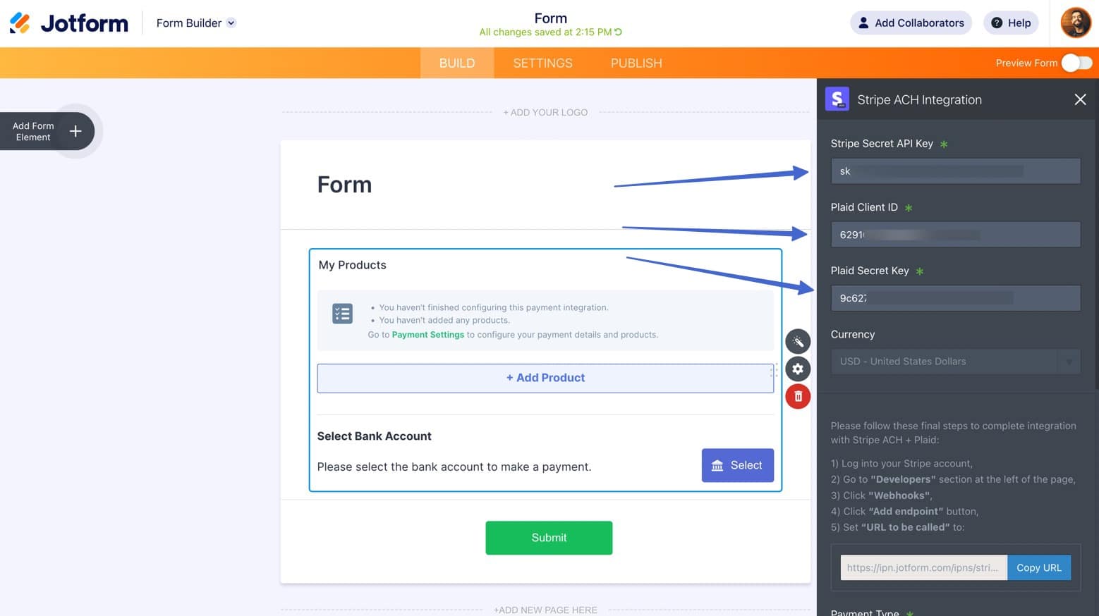 secrets for stripe and plaid to accept ACH payments