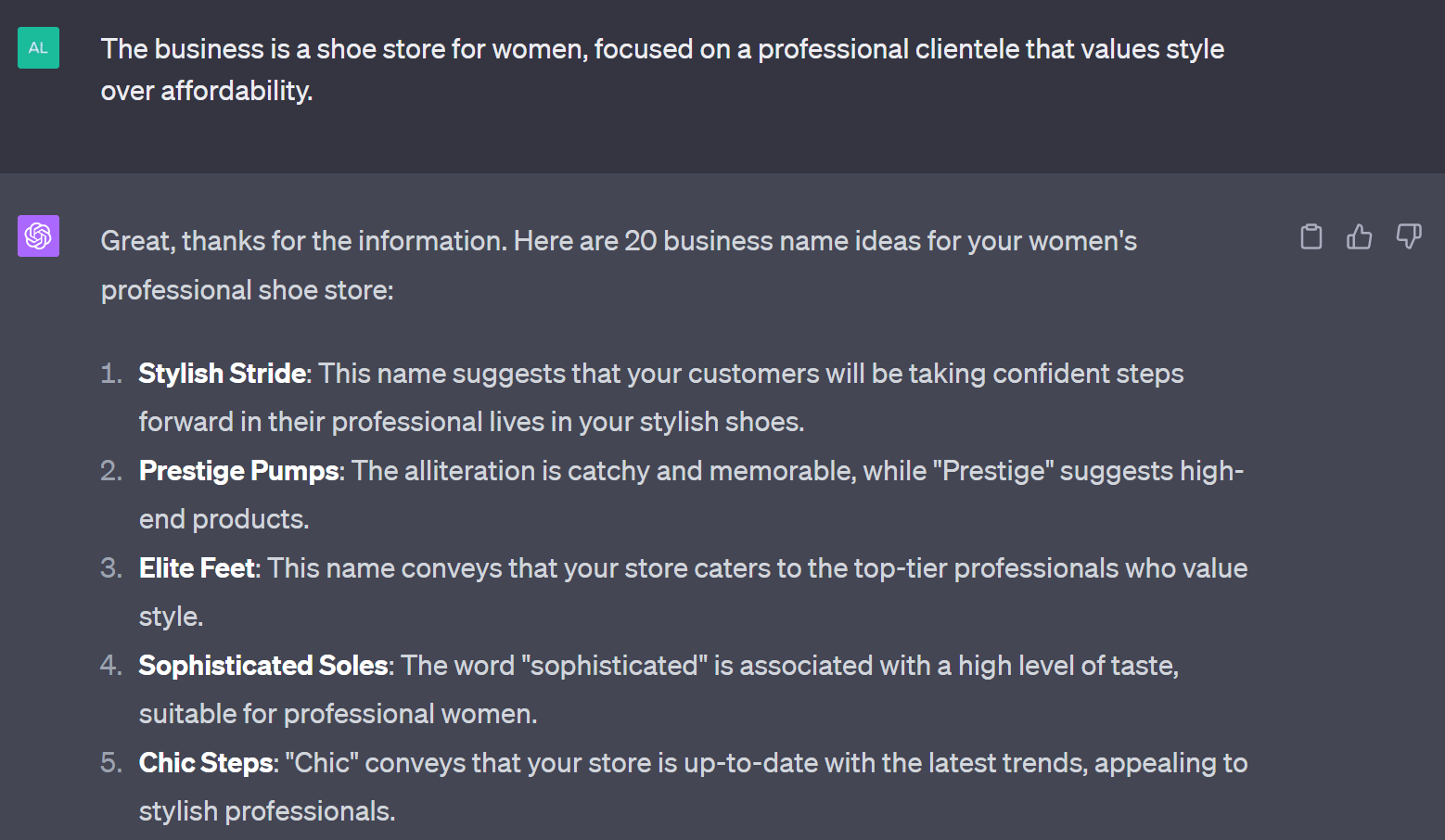Business name ideas generator by ChatGPT.