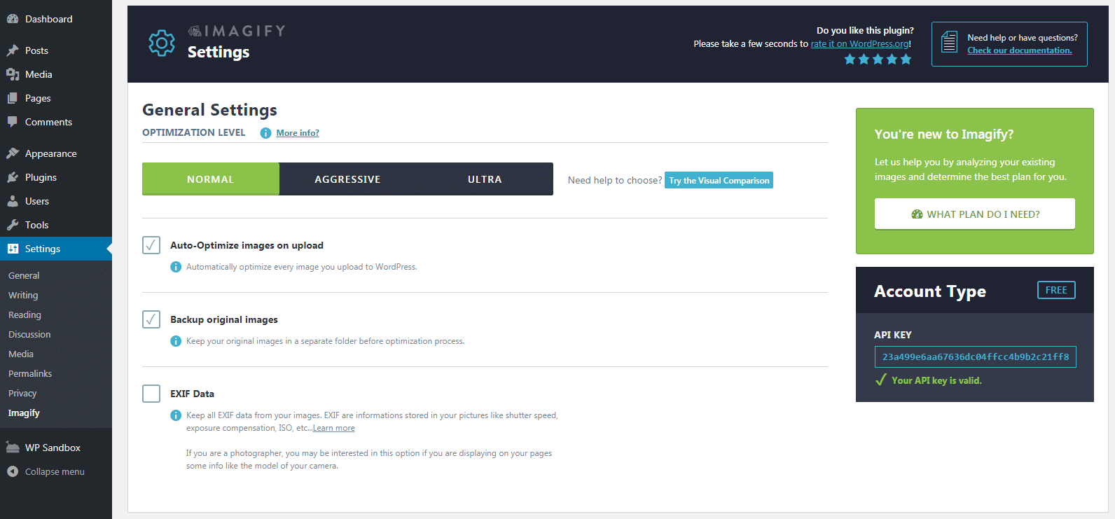 The Imagify plugin settings.
