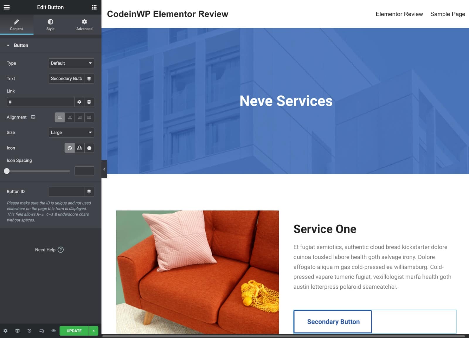 Elementor review of the interface