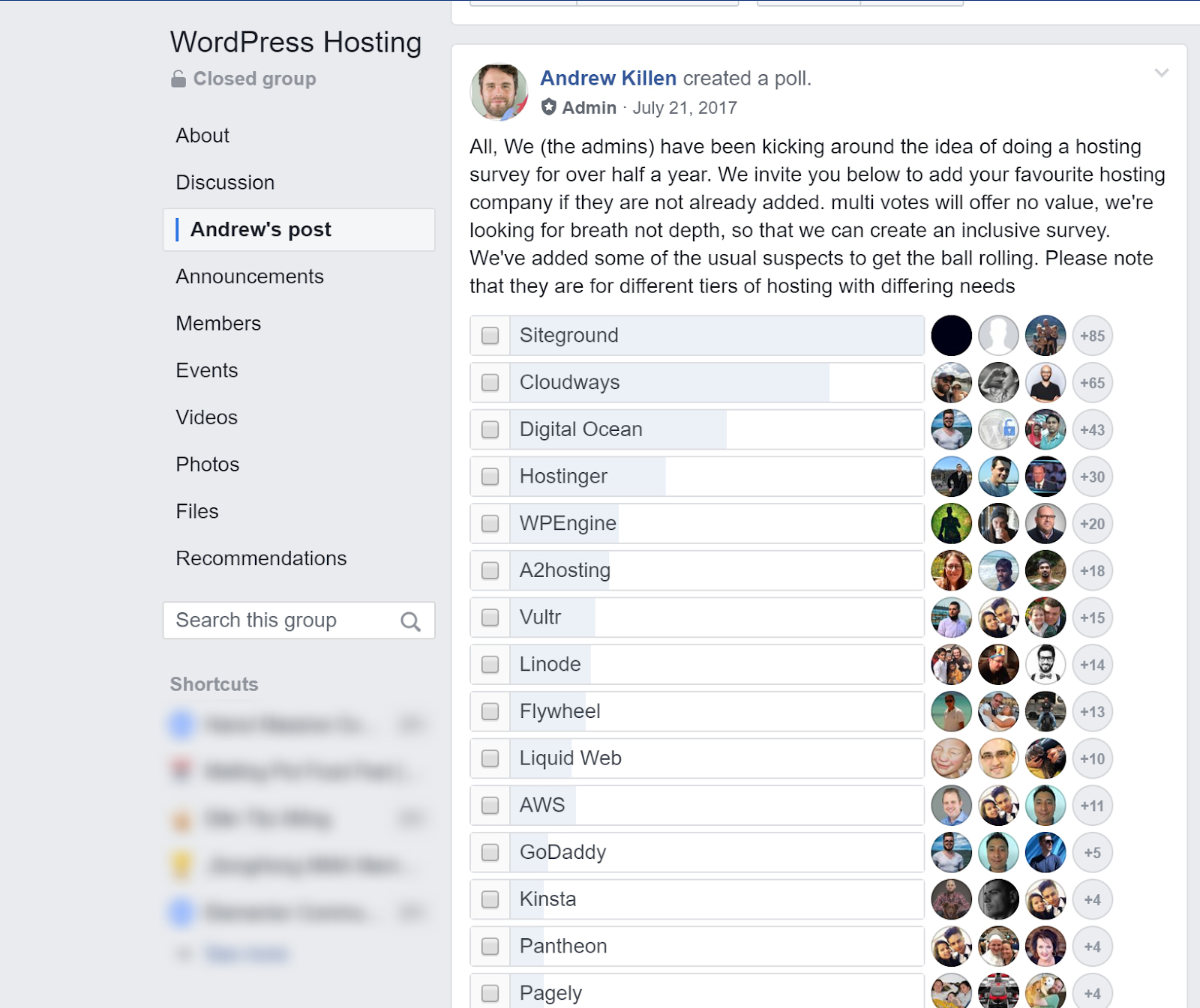 siteground vs bluehost survey facebook poll