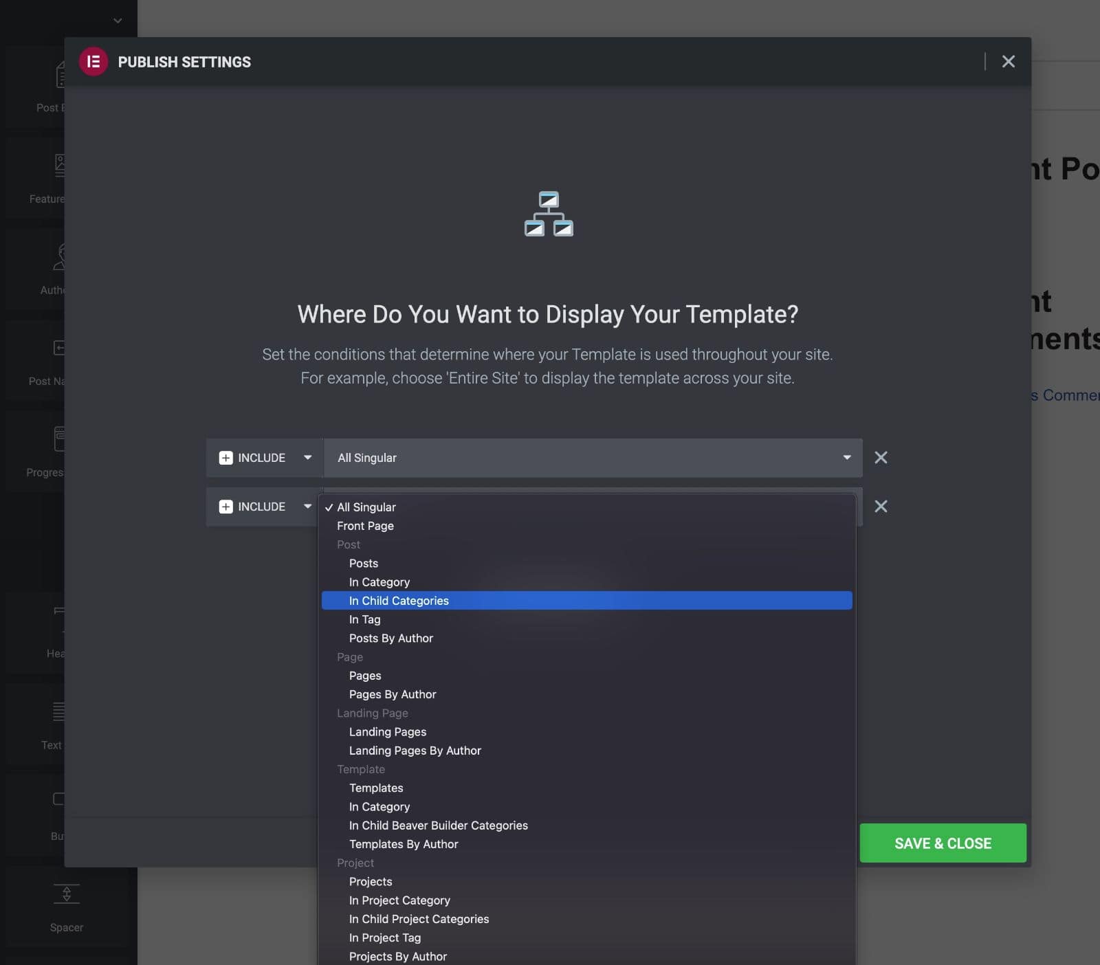 Elementor Theme Builder display rules