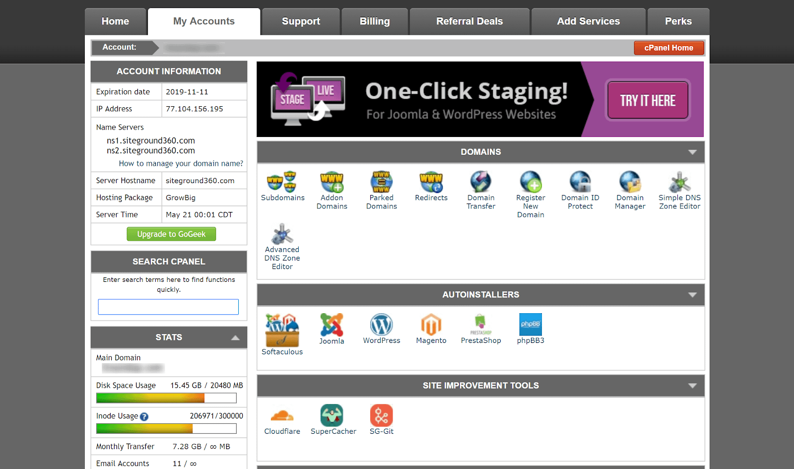 siteground cpanel admin interface