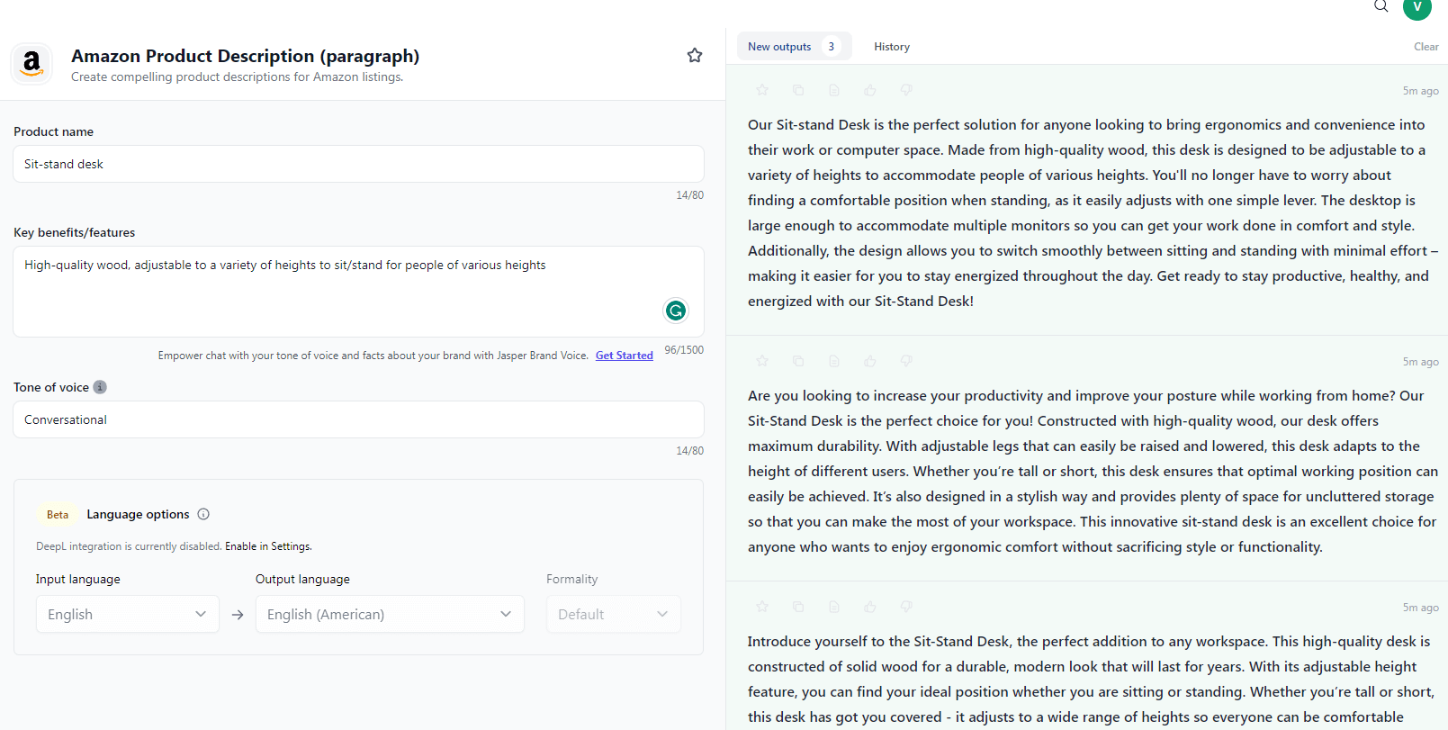 Jasper AI Amazon product description template example.