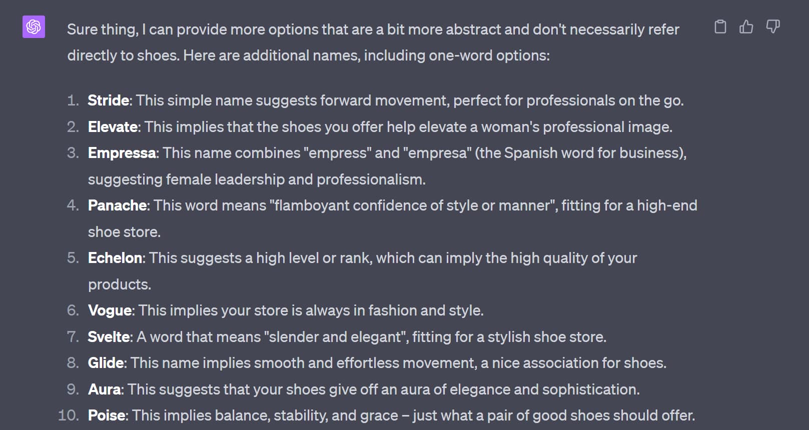 How to use ChatGPT as an AI business name generator: One-word abstract names generated by ChatGPT.
