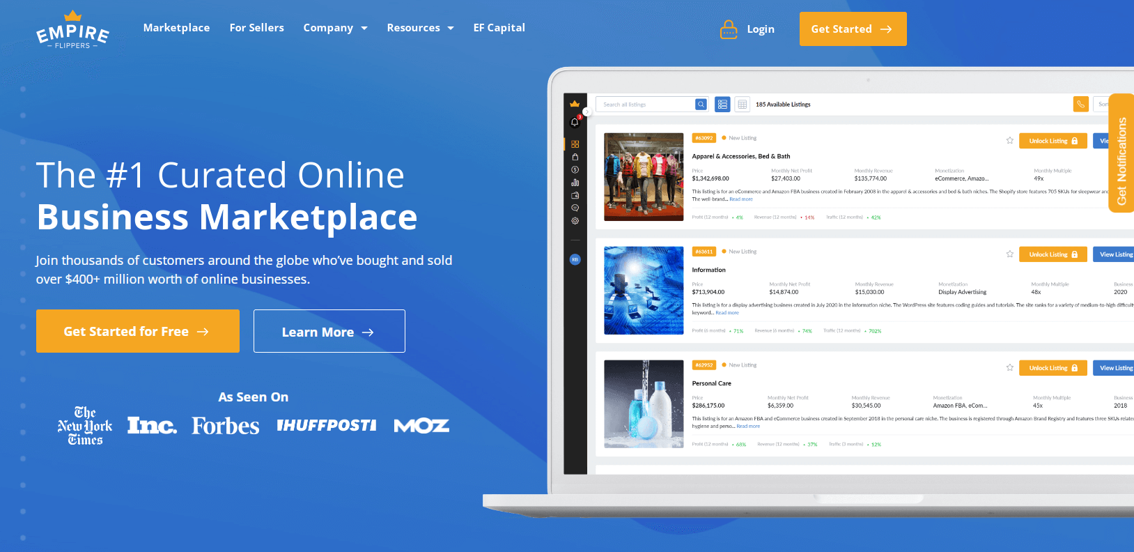 How to sell a website: Empire Flippers homepage