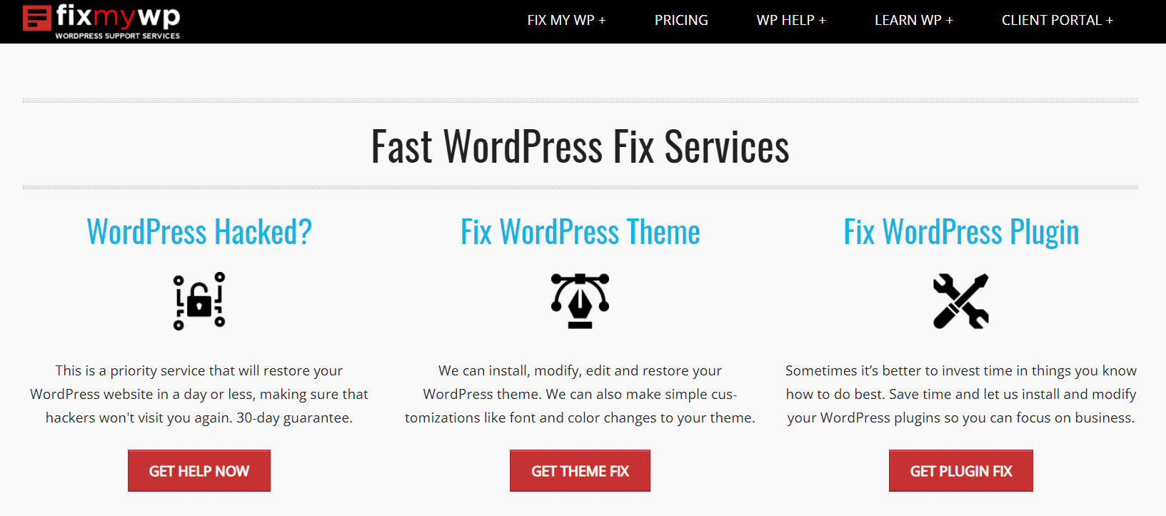 The FixMyWP home page.