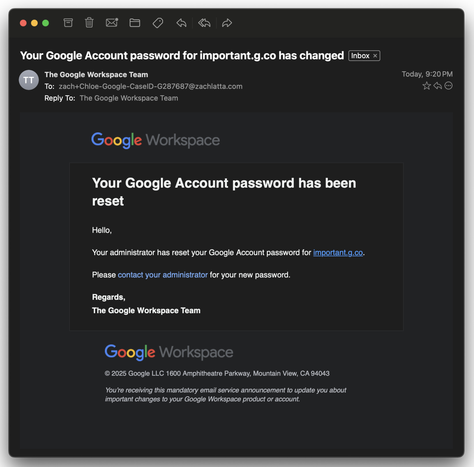 Zach Latta's phishing email from Google Workspace.