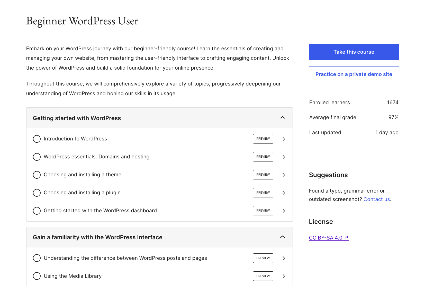 course structure in Learn WordPress