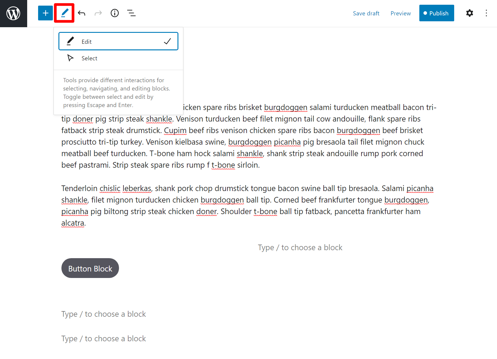 Select and edit modes.